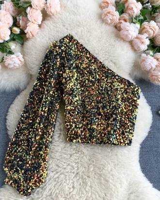 Spring Fall 2025 New Product Oblique Collar T-shirt Quanzhou Zichen Strapless Unilateral Puff-Sleeve Slim Fit Short Sequined Top