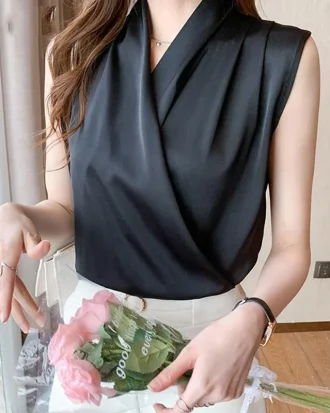 Womens Tops Blouses Solid Color White Satin Blouse Office Shirt Blusas Sleeveless Women Shirts Black White Female