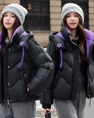 2025 Fashion Contrast Color Hooded Parkas Women's Short Coat Cotton-padded Jacket Loose Outerwear Student Thicken Bread Clothes