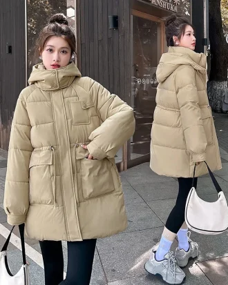 2025New Winter Loose Cotton Jacket Women's Hooded Warm Cotton Padded Coat Casual Outerwear Medium Long Parkas Outcoat Ladies Top