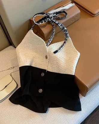 Elegant Tank Tops 2025 Women Crop Top Bandage Y2k Clothes Vest Contrast Backless Camis Summer Fashion Sexy Korean Blouses