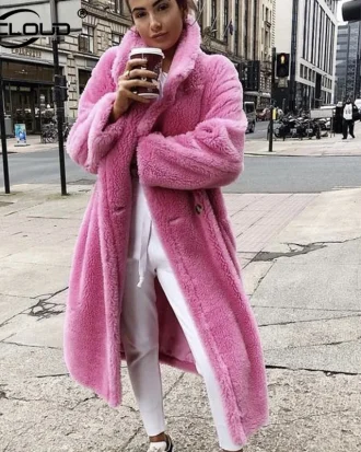 Pink Long Teddy Bear Jacket Coat Women Winter 2025 Thick Warm Oversized Chunky Outerwear Overcoat Women Faux Lambswool Fur Coats