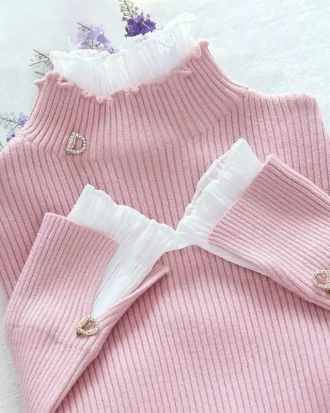 Korean Patchwork Warm Sweater Women Elegant Long Sleeve Slim Turtleneck Knitted Pink Tops Chic Ruffle Pullover Fake 2 Pieces