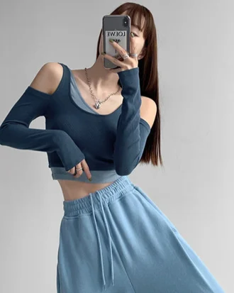 2025 New Patchwork Women's T-shirt Fake Two-piece Slim Long Sleeve Y2K Crop Tops Woman Spring Autumn