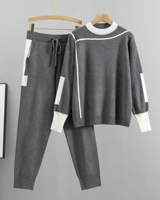 2025 Autumn Runway 2 Pieces Set Knitted Long Sleeve Pullovers Sweater Casual Patchwork Fashion Women Tops and Pants Suits Spring