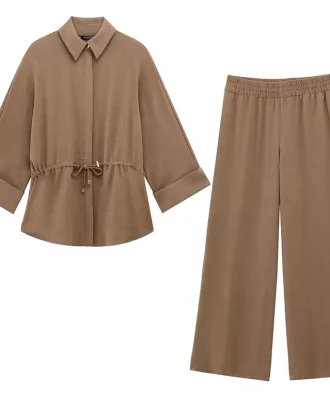 Women Vintage Brown Blouse Pant Suit Lace up Kimono Shirt Top Elastic Waist Wide Leg Trousers Spring Office Lady Sets