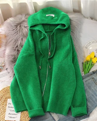 2025 Spring Autumn Knit Sweater Coat Women Fashion Hooded Long Sleeve Loose Oversize Cardigan Tops Woman Harajuku Knitted Coats