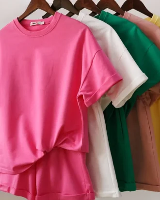 Women Classic Tracksuit Casual Green Suit Shorts With T-shirt for Women and Top Loose Oversize Summer Two Piece Sets