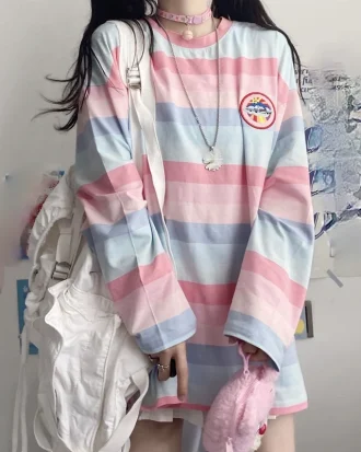 Harajuku Long Sleeve T Shirt Girl Christmas Autumn Embroidery Stripe Tops Tees Women Full Sleeve T-shirt Casual Female