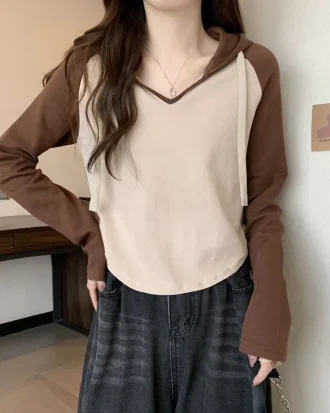 2025 Pre Autumn New Slim Fit and Slim Fit Pure Cotton Design Contrast Color Hooded Long Sleeve T-shirt