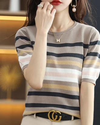 Summer New Short-sleeved Women O-neck Slim 100% Cotton Striped Pullover Vest T-shirt Knitted Base Casual Comfortable Sweater