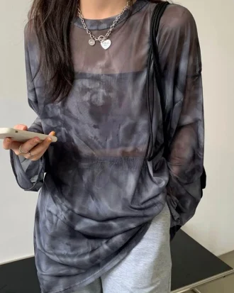 T-shirt Women Tie Dye Long Sleeve Ladies Spring Loose High Street Stylish Thin-Leisure Minimalist Harajuku Ins Comfortable Chic