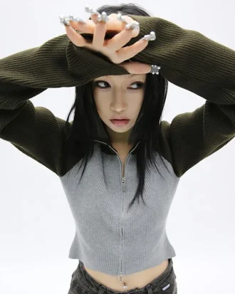 Grunge Patchwork Turtleneck Cardigans Vintage Knitted Coat Gothic Harajuku Ribbed Knitwear Korean Fashion Streetwear Y2k