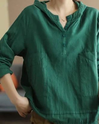 8961 Women's Hoodie T-shirts Spring Summer Fashion Solid Color Casual Pullover Tees Office Ladies Cotton Linen Long Sleeve Tops