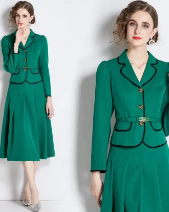 High-end New Autumn Winter 2pcs Sets Women Green Notched Neck Top Suit Jacket Coat Tall Waist Midi Pleated Skirt Suits Outfits
