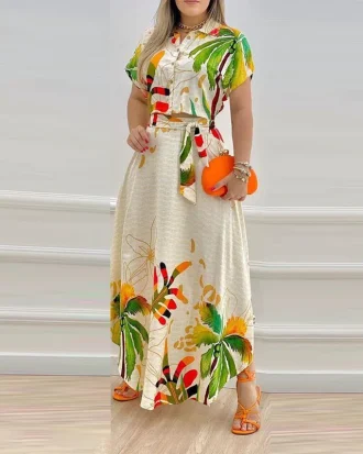 Tropical Print Button Down Crop Tops Skirts Set Women Casual Summer Two Piece Set Outfits