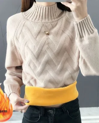 Winter Thicken Plus Velvet Sweaters for Women Casual Warm Knit Pullovers Korean Fleece Lined Knitwear Ribbed Bottomed Tops New