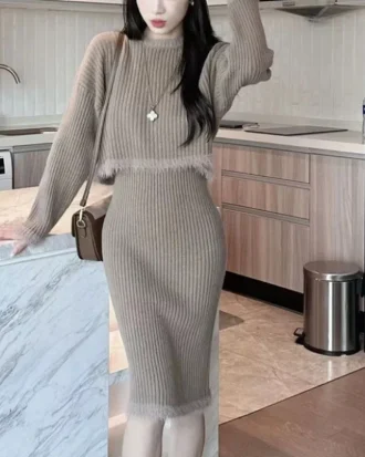 Long Sleeve Knitted Dress Set Women's 2025 Autumn and Winter Loose Sweater Bottom Skirt Fashion Two-piece Set