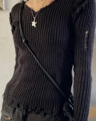 Y2k Ripped Out Sweaters V Neck Slim Full Sleeve Grunge Punk Jumpers Korean Women Cropped Pullovers Streetwear Retro