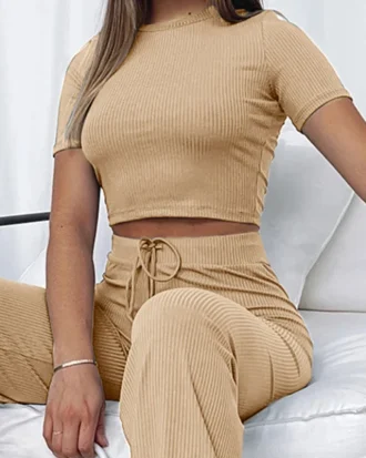 New Women's Solid Color Crop Sexy Open Umbilium Fashion Casual Pocket Slim Fit Pants Set 2 Piece Set Women