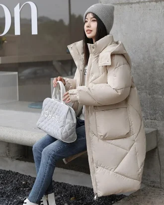 Winter Rhombic Lattice Loose Cotton Jacket Coat Women's Solid Color Big Pocket Hooded Jackets Casual Medium Long Parka 2025 New
