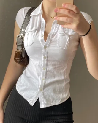 Button Pockets Crop Top Y2k Turn Down Collar Pockets Harajuku Tee Casual Basic Retro T Shirt Cardigans Women Korean