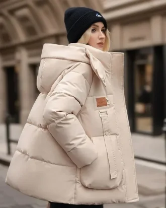 Women's Loose Down Cotton Hooded Cotton Jacket, British Style Fabric Patch, Slimming Bread Jacket, Three-dimensional Pocket