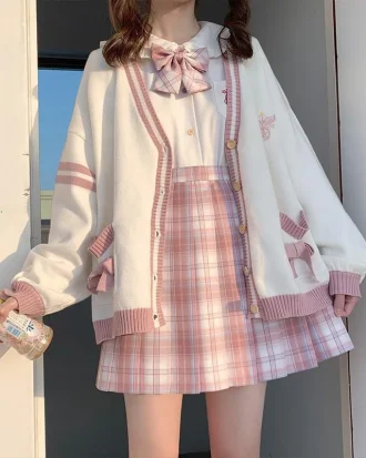 Autumn Winter Women Sweater Loose Japanese Style Sweet Knitted Cardigans Embroidery Oversize Harajuku Female Cardigans 4 pcs Set