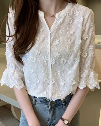 2025 Spring New Stereoscopic Embroidered White Pure Cotton Blouse Floral Short Sleeve Woman's Shirt Fashion Lady's Shirt 9638