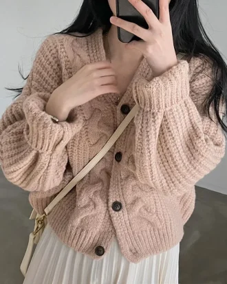 Twisted Knitted Cardigan Women Lazy Style Loose Single Breasted Sweater Coat Ladies Winter Simple Casual V Neck Cardigans