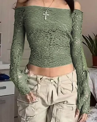 Y2k Net Holes Crop Top See Through Slash Neck T Shirt Women Retro Harajuku Tee Grunge Korean Fashion Pullovers Chic