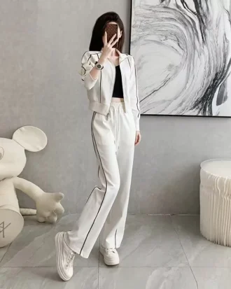 Casual Wide Leg Pants Set Black Zipper Cardigan Top Two Piece Women's Fashion Streetwear Ensemble