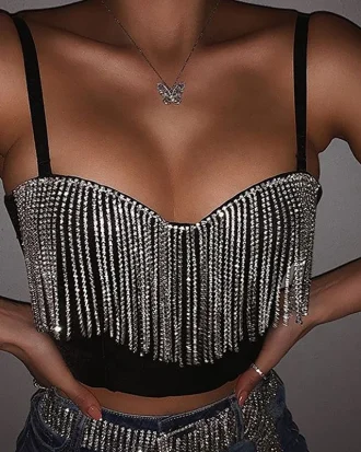 Fashion Sexy Clubwear Diamond Tassel Crop Tops Sleeveless T Shirts Sexy Slim Lady Bralette Tops Strap Skinny Female Tee