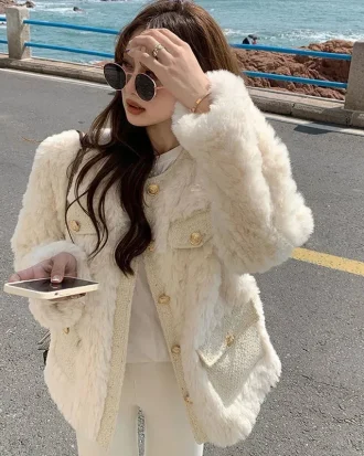 Korean Fashion Lamb Wool Coats Women Streetwear O-Neck Faux Fur Jackets Woman 2025 Autumn Winter Thick Warm Plush Coat