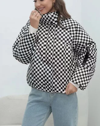 Autumn Winter European Style Women's Parkas 2025 New Coat Plaid Warm Cotton Jacket Regular Zipper Women Clothing Black S-XL