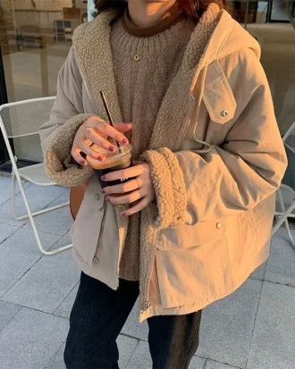 Women Oversized Parkas Hooded Thick Coat Ladies Soft Kawaii Jackets Double Sided Outerwear Autumn Winter Warm Long Sleeve Tops