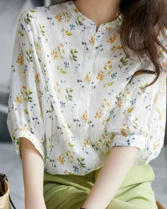 Women Summer Style Blouses Tops Lady Casual Short Puff Sleeve Stand Collar Flower Printed Blusas Tops Sp1496