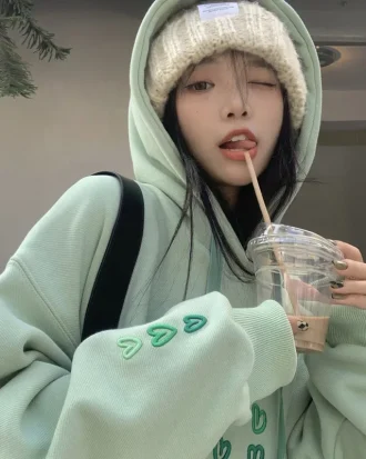 Green Sudadera Mujer Pullovers Preppy Style Heart Loose Y2k Tops Women Chic Korean Hooded Sweatshirt Streetwear Long Sleeve
