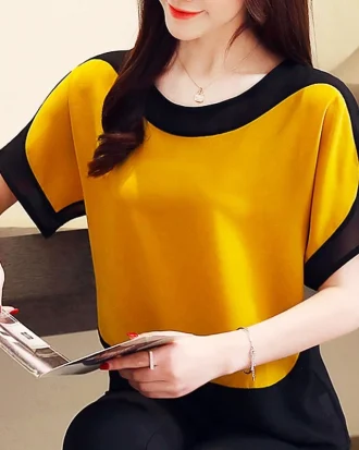 Summer Casual Chiffon Blouse Women Fashion Loose Office-Lady Tops Shirts Solid Short O-Neck Batwing Sleeve Blouses Blusas