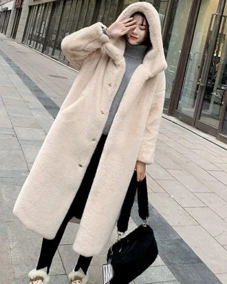 Winter Women High Quality Faux Rabbit-Fur Coat Luxury Long Fur Coat Loose Hooded Overalls Thick Warm Female Plush Coats Outwear