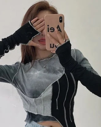 Tie-dye Color Matching Irregular T-shirt Women Sexy Slim Crop Top Chic Design Korean Style Long Sleeve T-shirt Spring