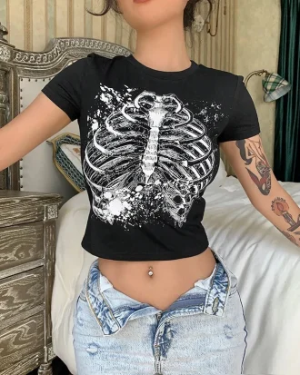 Mall Goth Skeleton Print Dark Women's T-shirts Y2K-Bodycon Punk Harajuku Crop Top Gothic Clothes Tee Shirt Femme 2025