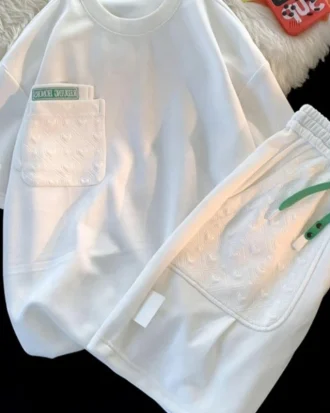 Simple Waffle Suit Women Summer Thin Loose Urban Design Niche T-shirt + Shorts Casual Sportswear Patch Design 2pcs Set