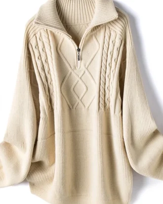 Women's Oversized Cable-knit Wool Sweater Thick Warm Knitted Pullover Solid Long Sleeve Turtleneck Zip up Winter Coat C-148