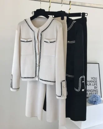 2025 New Autumn Korean Color Block Round Neck Double Pocket Knit Cardigan Top + Loose Wide Leg Pants Two-piece Pants Set Women