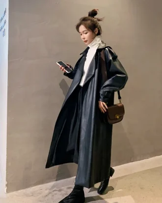 Spring Black Oversized Long Waterproof Leather Trench Coat for Women 2025 Long Sleeve Loose Korean Fashion Clothing