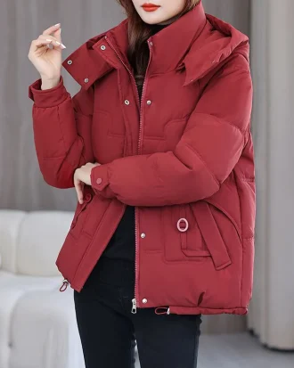 Women Winter Coat Black Loose Thick Warm Hooded Padded Coats Female Elegant Fashion Stand Collar Lady Short Jacket Fall Casual
