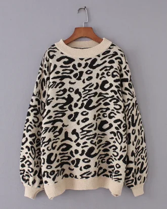 Sweater Women Crew Neck Leopard Knitted Sweater Animal Print Winter Thick Female Pullovers Casual Tops Oversized Sweater