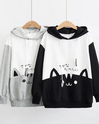 Spring Ladies Long Sleeve Cat Sweatshirt Womens Casual Kitty Cat Print Pocket Thin Hoodie Blouse Top Shirt