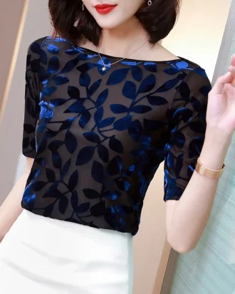 M-3xl Short Sleeve Women Shirt Fashion Summer Tops New Style Slash Neck Velvet T Shirt
